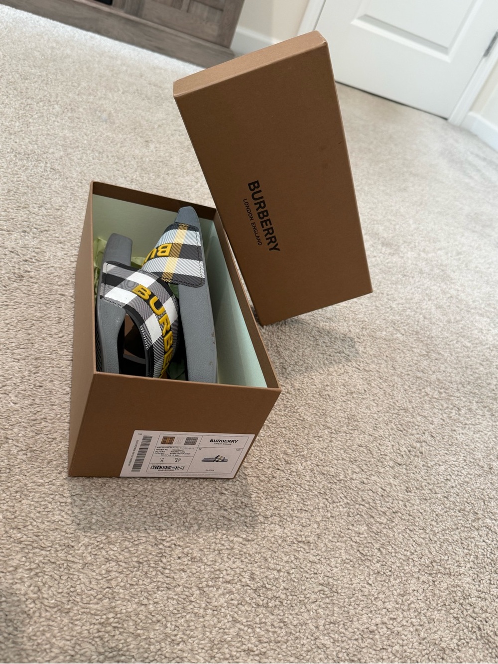 Burberry Gray Check Slide Sandals with Yellow Logo